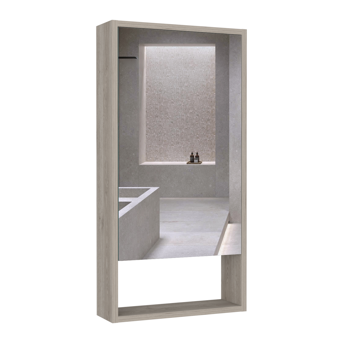 Modern bathroom medicine cabinet with woodgrain finish and reflective mirror surface