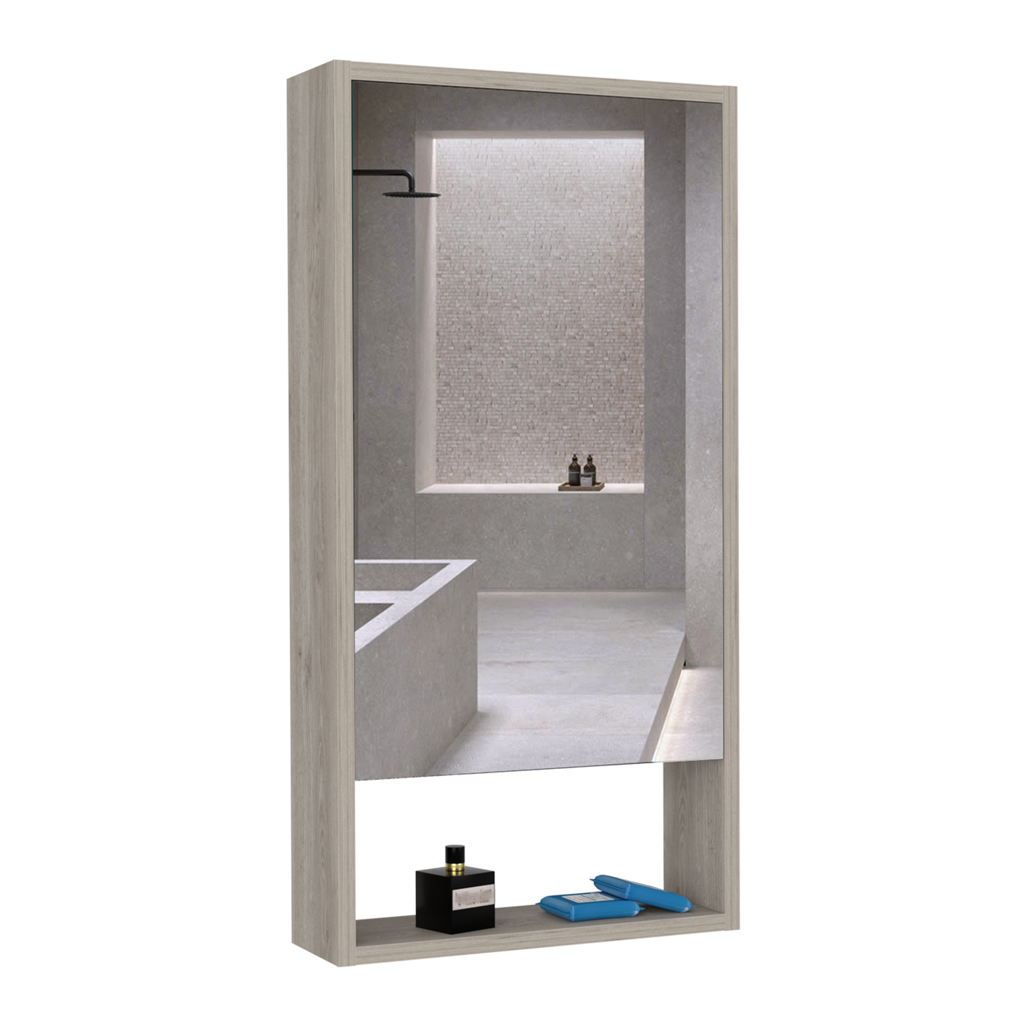 Modern gray wood medicine cabinet with large mirror and open shelf