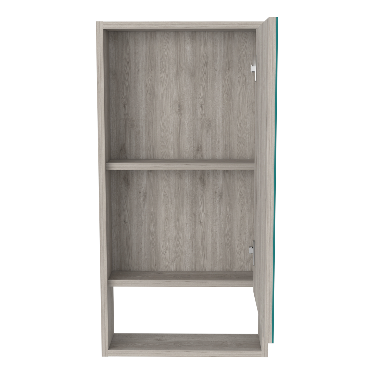 Open grey wood effect storage cabinet with two shelves and a teal edge detail