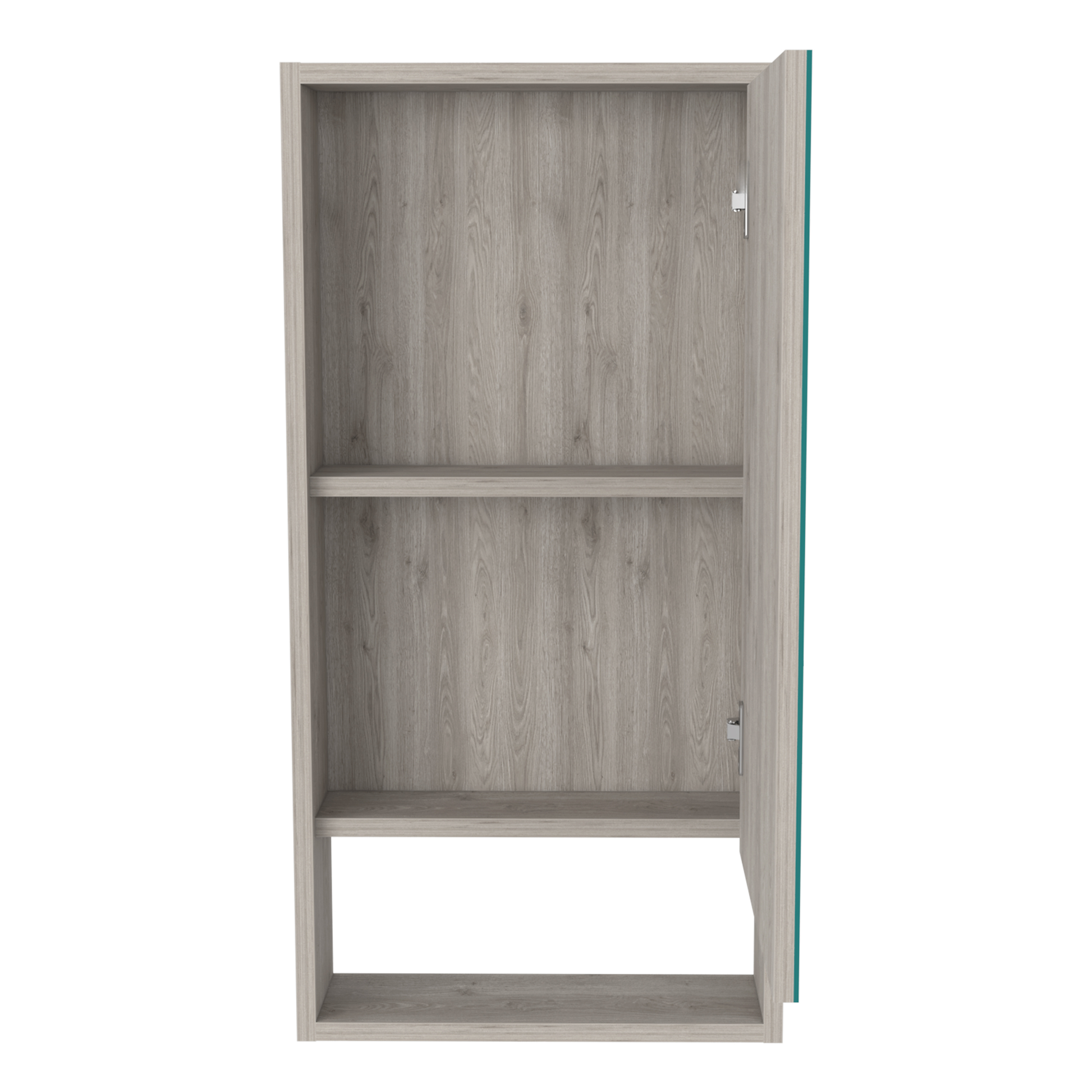 Open grey wood effect storage cabinet with two shelves and a teal edge detail