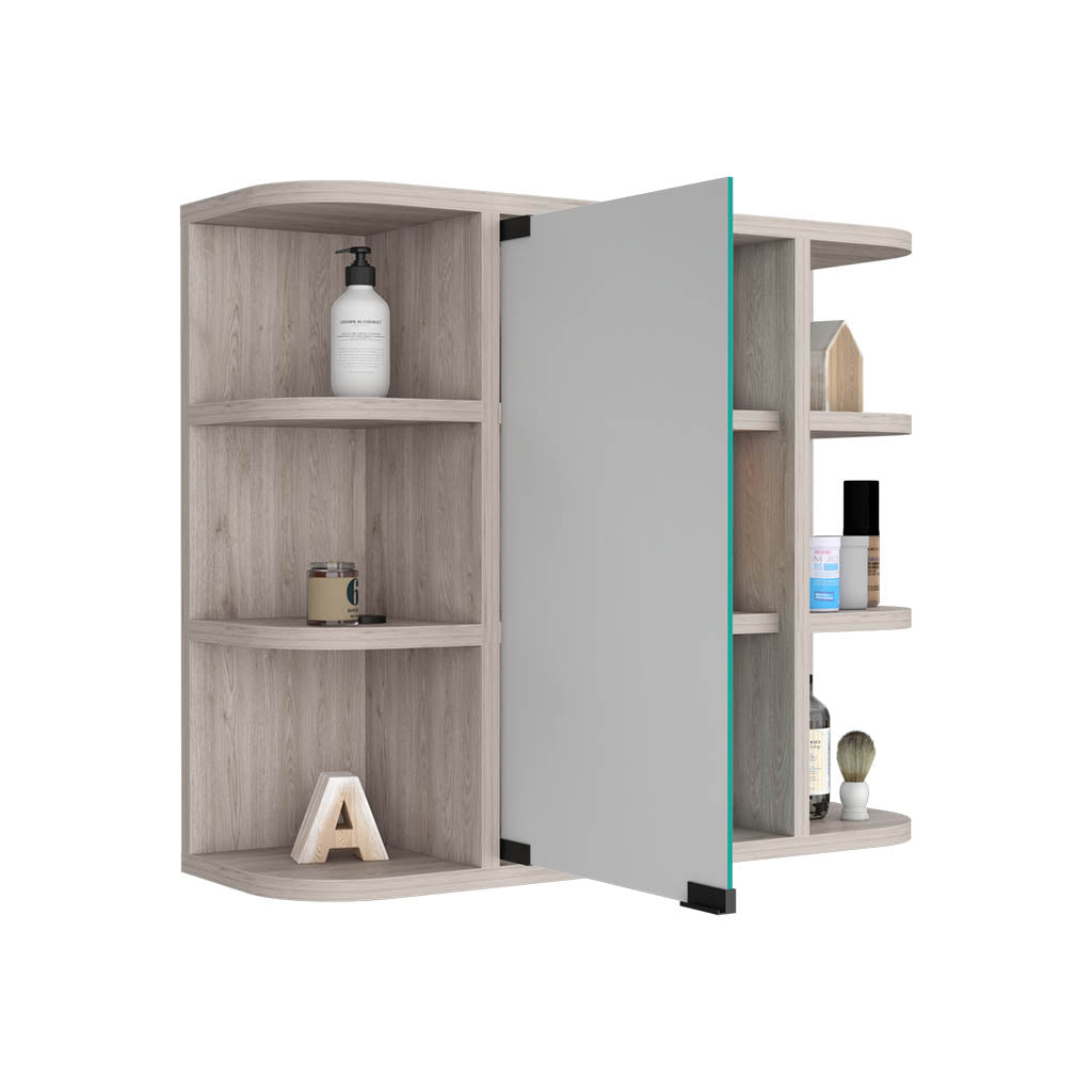 Modern light oak bathroom medicine cabinet with mirrored door and open shelves