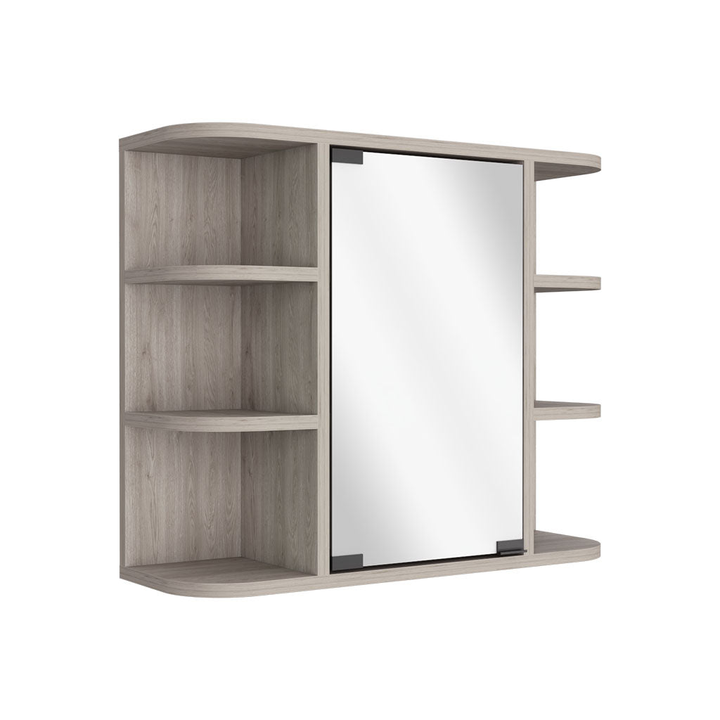 Light oak medicine cabinet with sliding mirror and open shelving