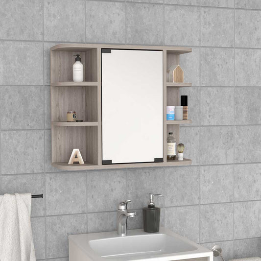Modern oak effect bathroom cabinet with mirrored door and open shelving for toiletries