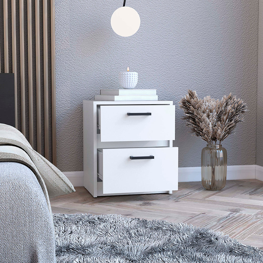 Modern white twodrawer nightstand with black pulls and a textured finish