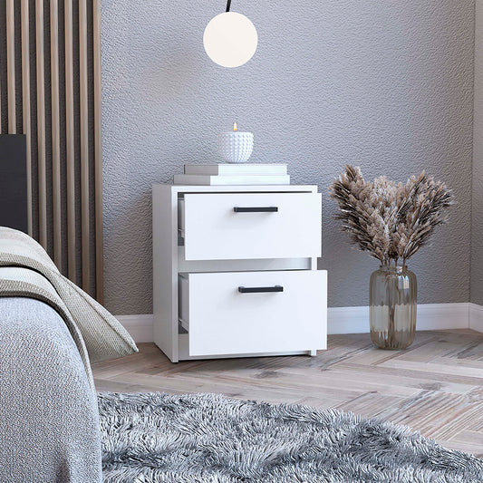 Modern white twodrawer nightstand with black pulls and a textured finish