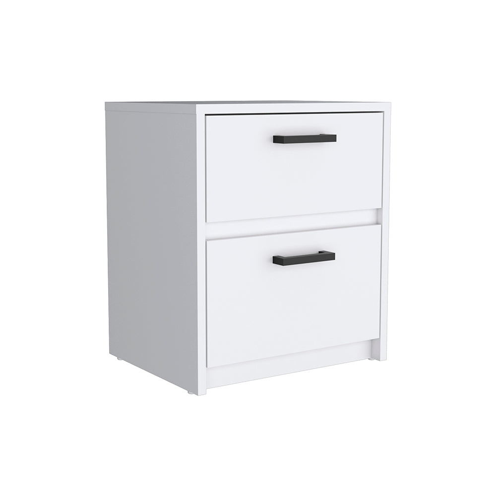White twodrawer bedside table with black handles