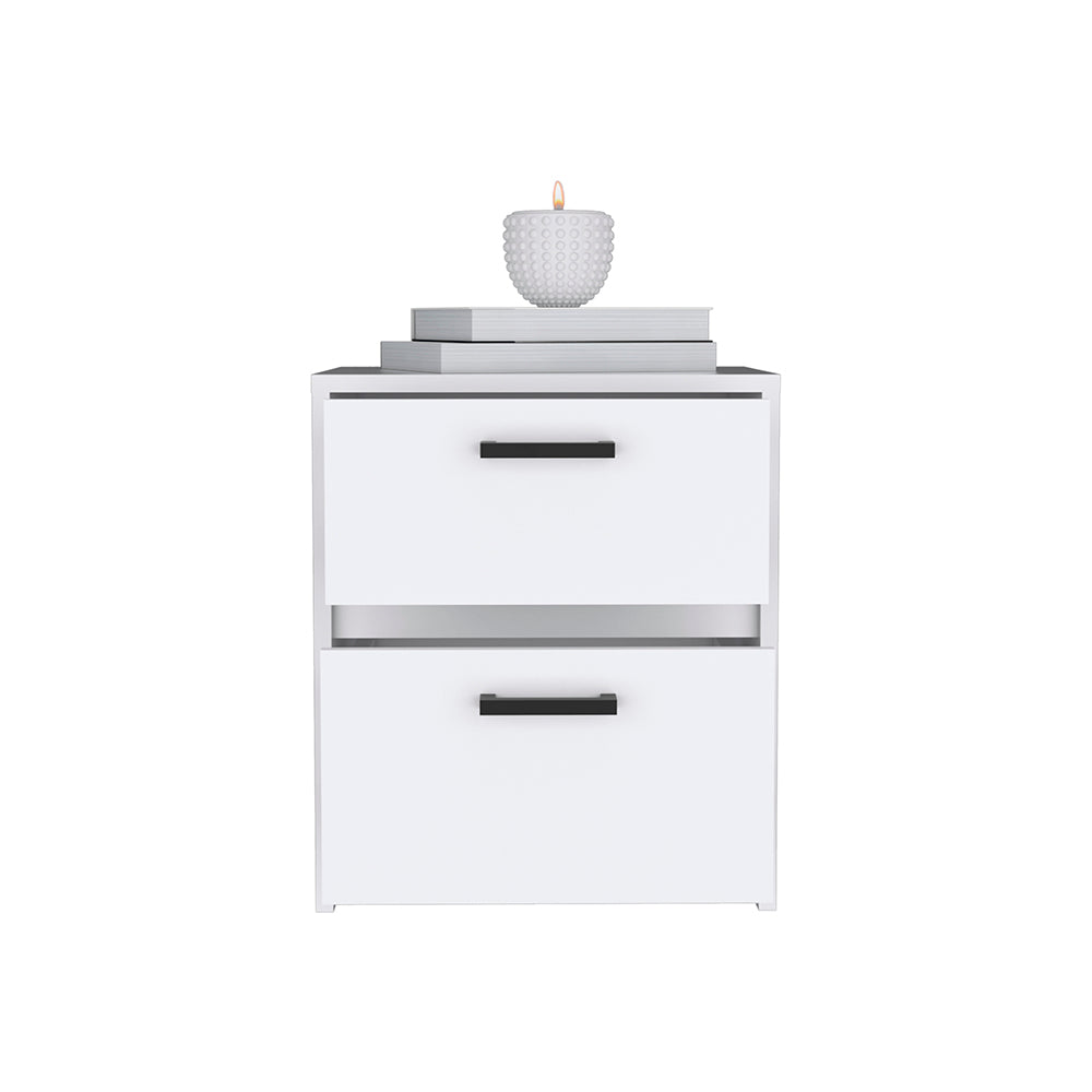 White modern twodrawer filing cabinet with black handles and decorative candle