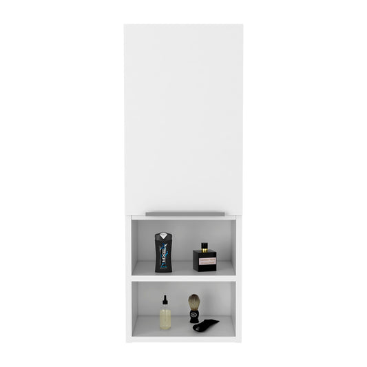 White wallmounted bathroom cabinet showcasing toiletries shampoo cologne serum brush and cream