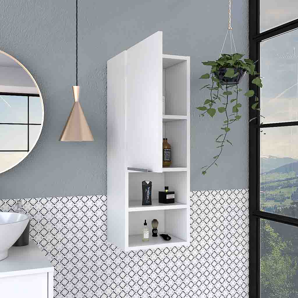 White bathroom wall cabinet with open shelving and toiletries