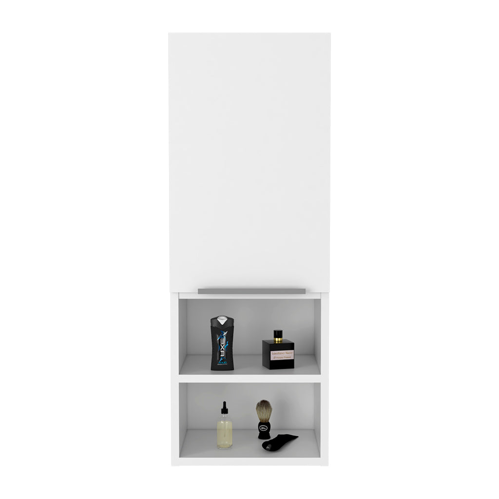 White wallmounted bathroom cabinet with two open shelves displaying grooming products