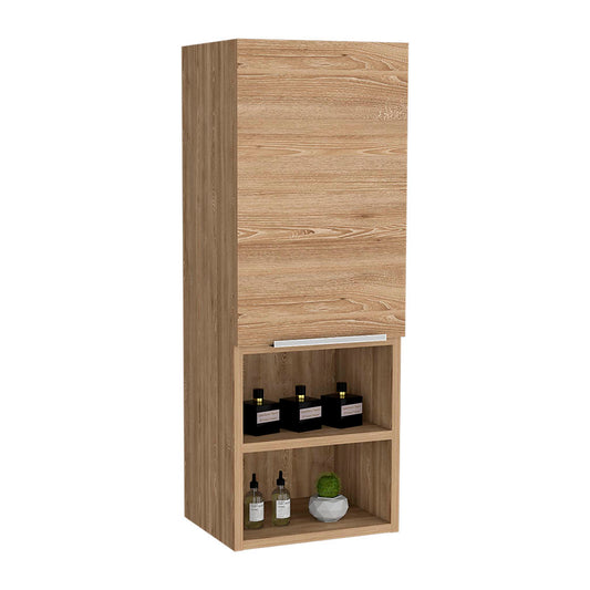 Tall light wood bathroom cabinet with one door and two open shelves for storage