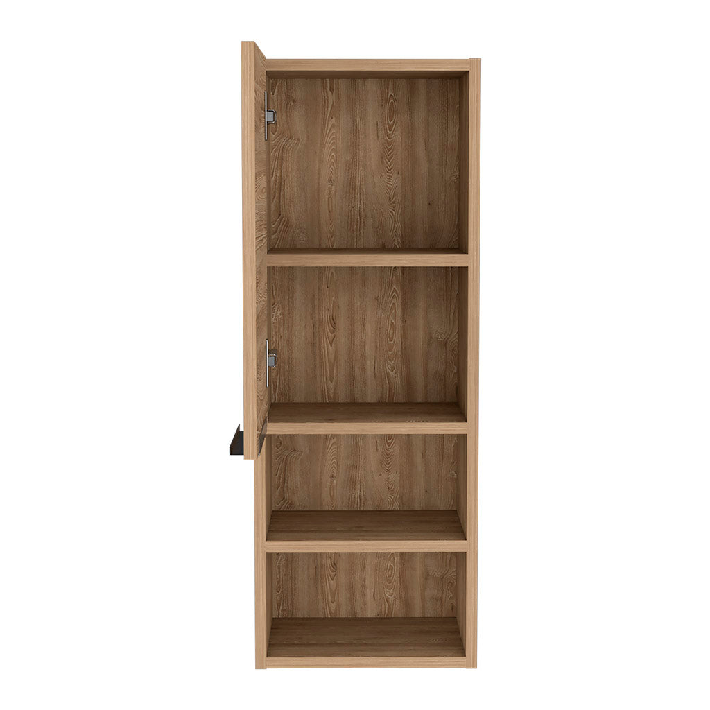 Tall open wood veneer cabinet with four shelves and one open door