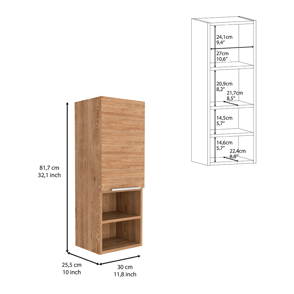 Tall wooden cabinet with one door and two open shelves  cm height