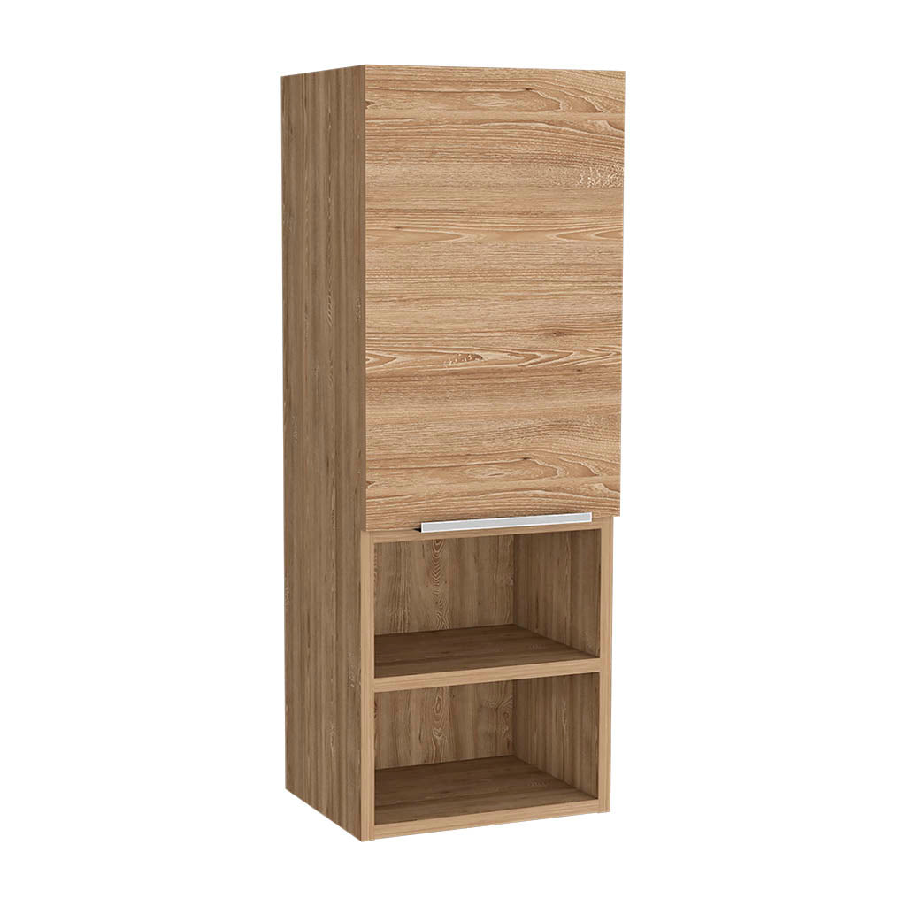 Tall modern storage cabinet with wood grain finish and open shelves