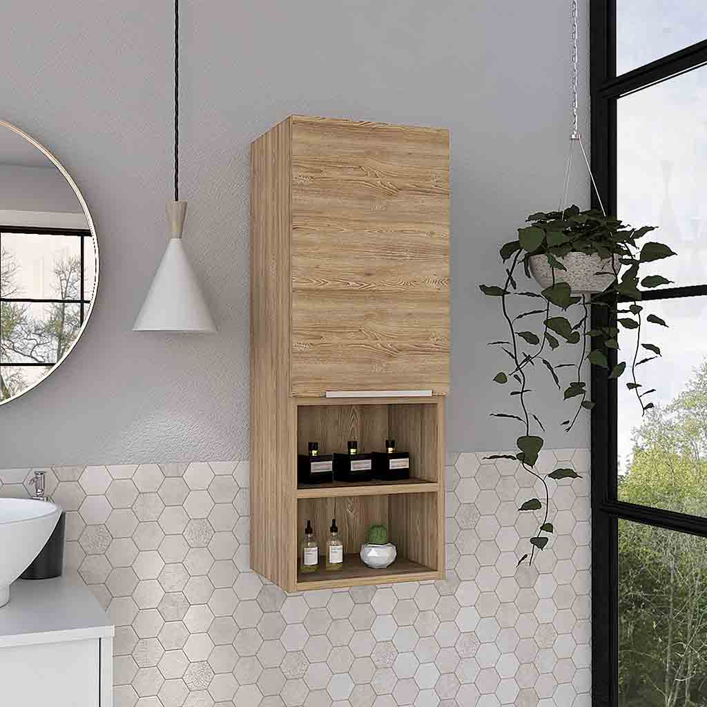 Tall wooden wall cabinet with two open shelves displaying toiletries