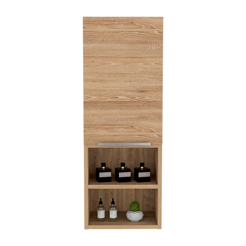 Modern tall wood veneer storage cabinet with two open shelves displaying bottles and a plant