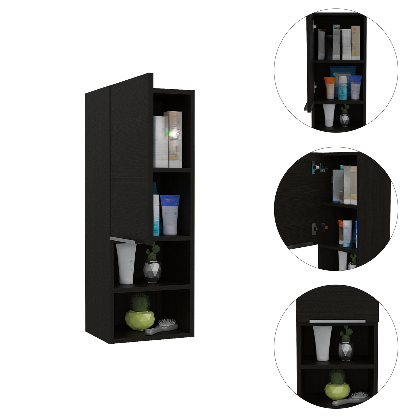 Tall black bathroom cabinet with open shelves displaying toiletries and decor