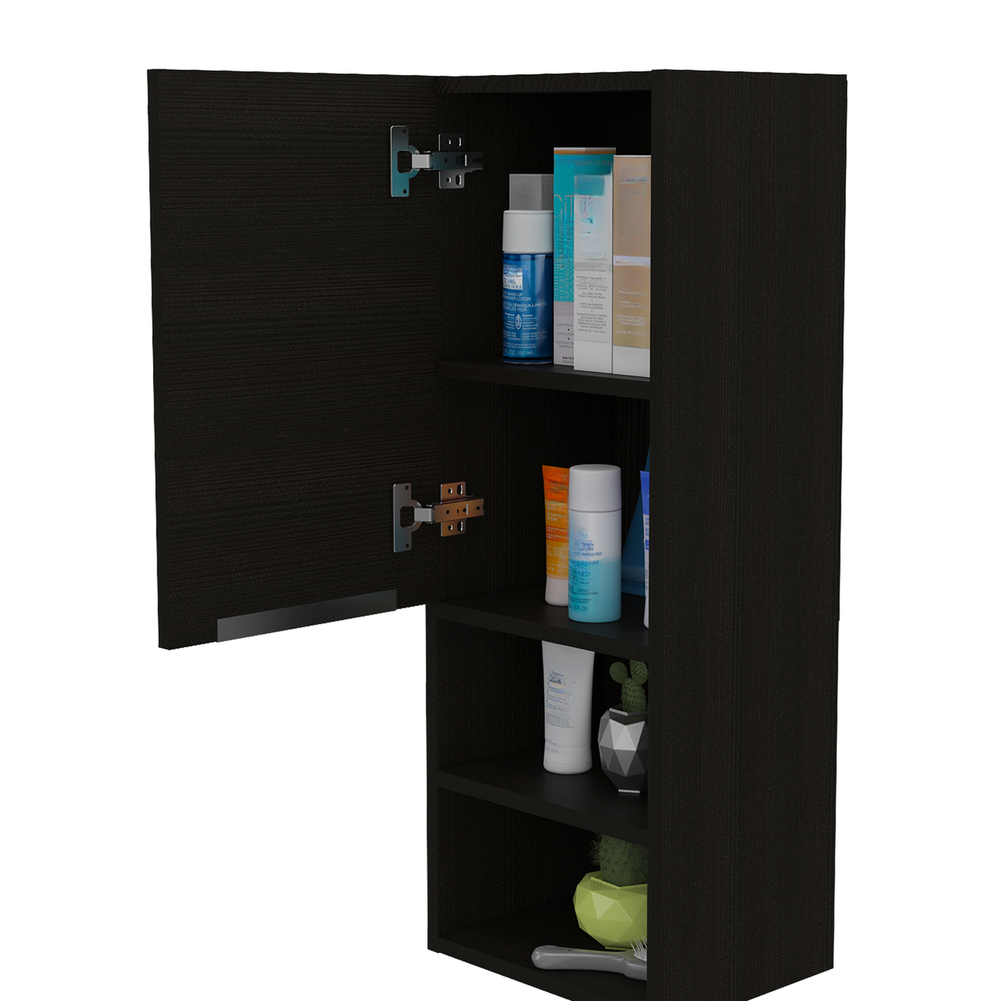 Dark wood bathroom cabinet with open door displaying toiletries and decorative cactus