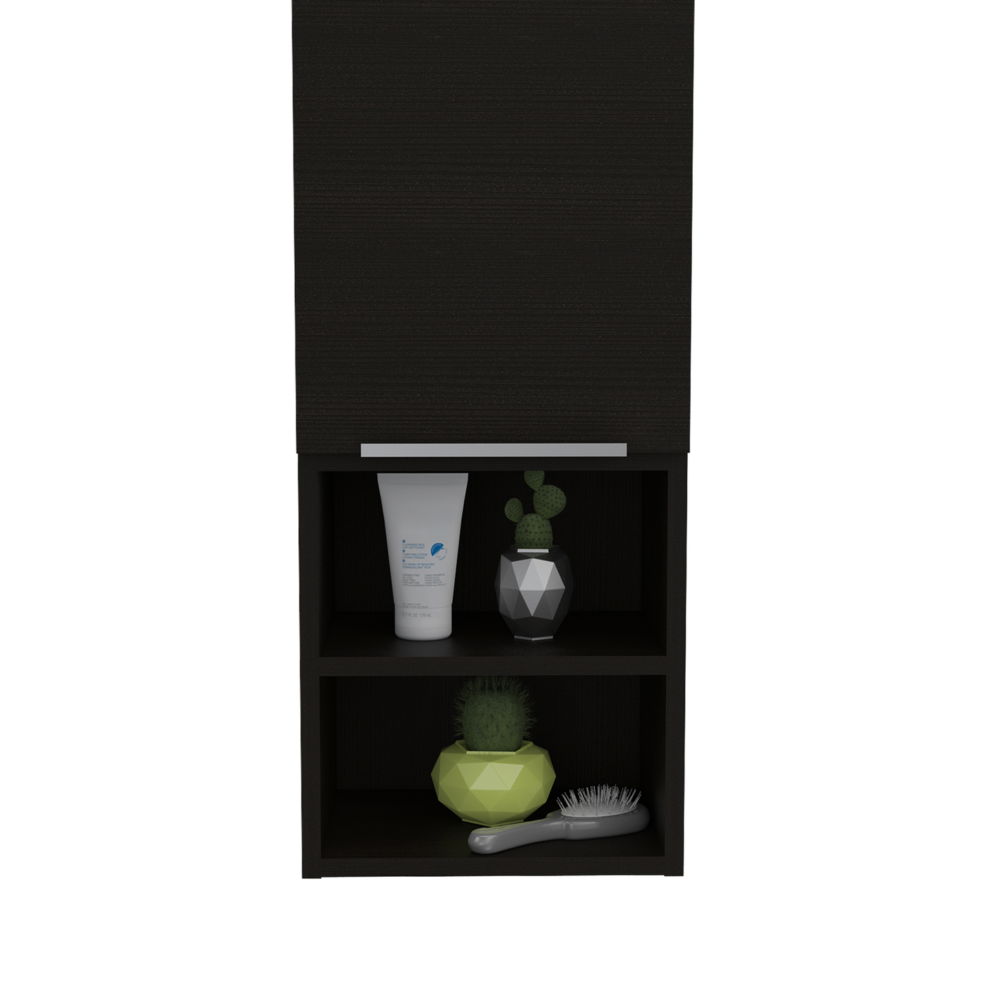 Dark wood wall cabinet with two open shelves displaying skincare and decor