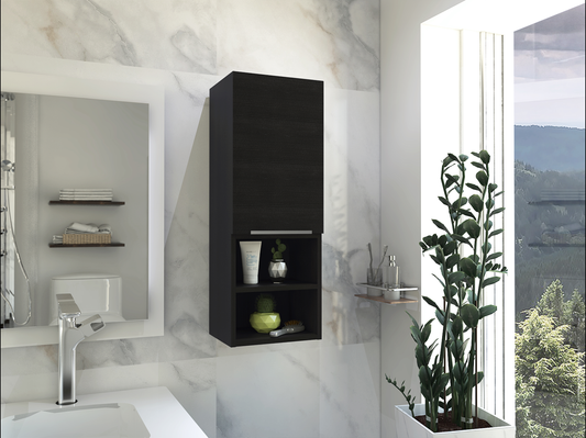 Black modern wall cabinet with open shelves and decorative items in a bathroom