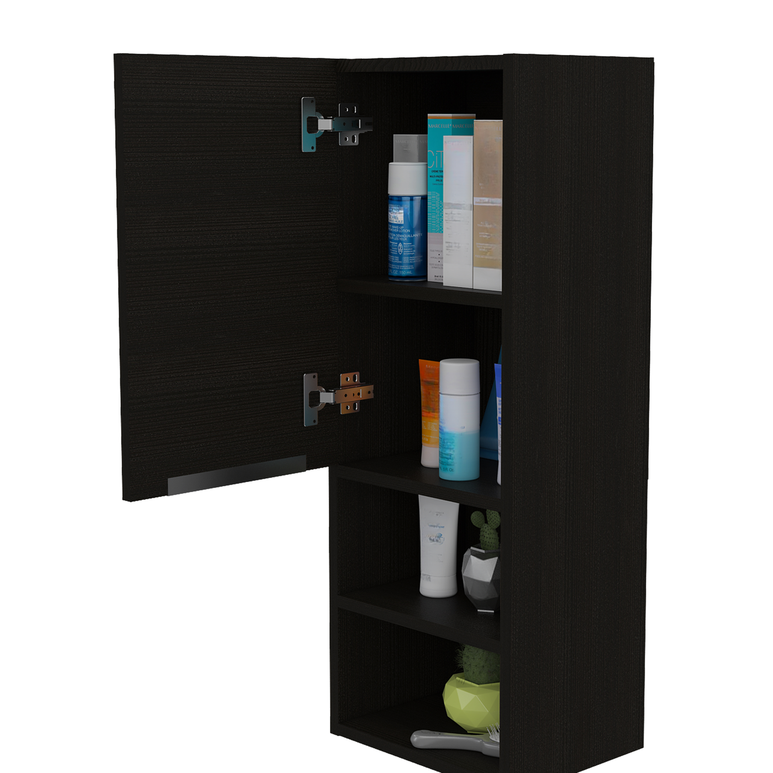 Dark wood bathroom cabinet with toiletries on open shelves