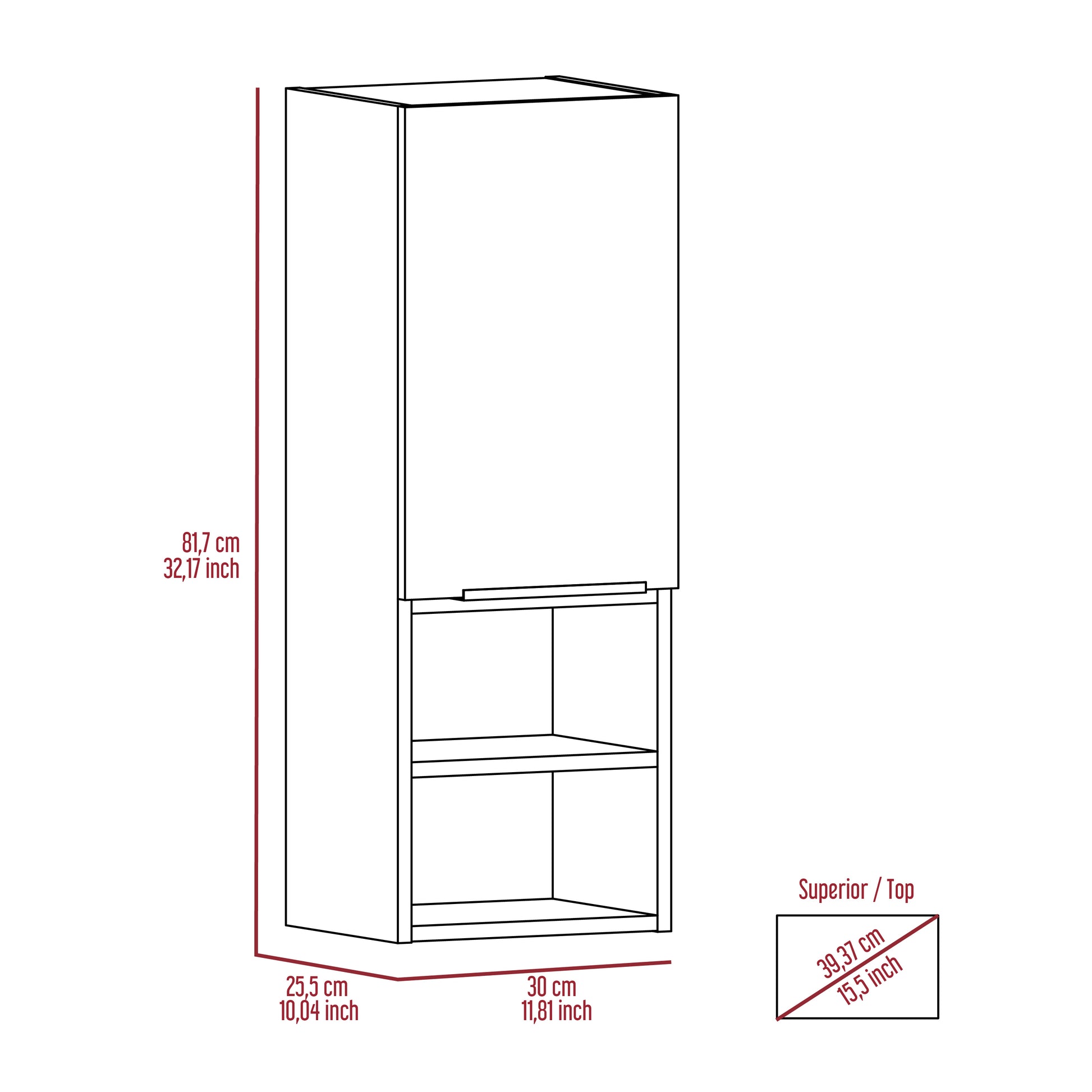 Line drawing of a tall narrow cabinet with one door and two open shelves below showing dimensions