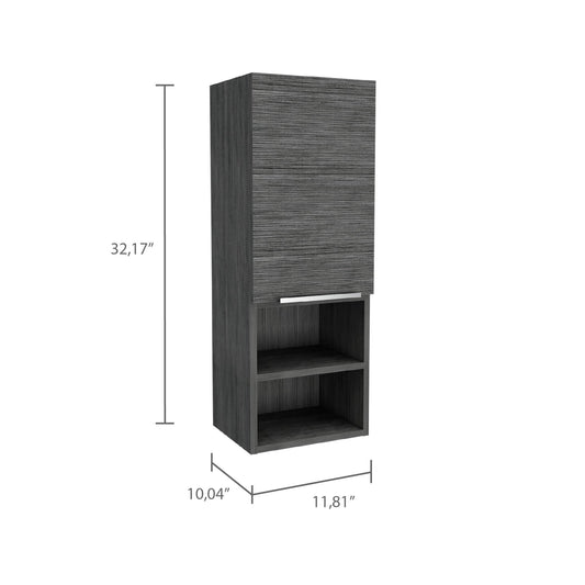 Gray wood grain wall cabinet with open shelves and a single door  H