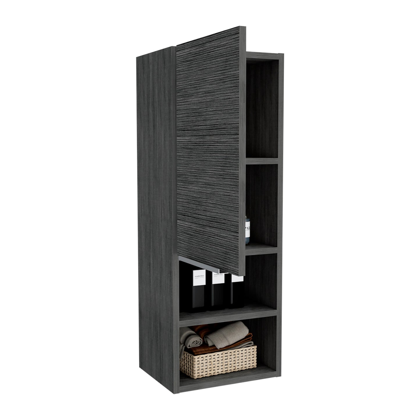 Dark gray wood grain tall cabinet with open shelves and a woven basket of towels