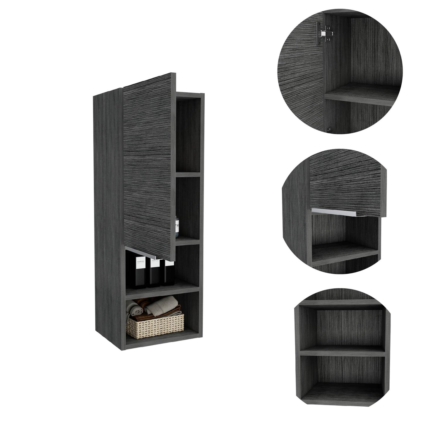 Dark grey modern medicine cabinet with adjustable shelves and open door displaying toiletries