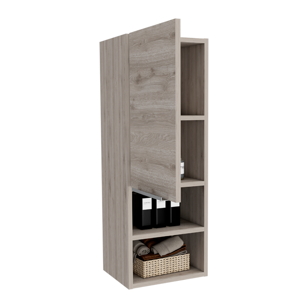Light oak tall storage cabinet with open door revealing shelves toiletries and towels