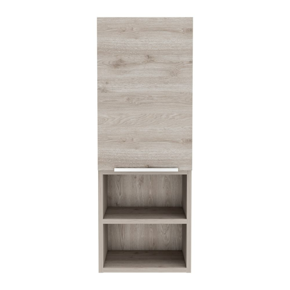 Light oak wood grain wall cabinet with two open shelves and a single door