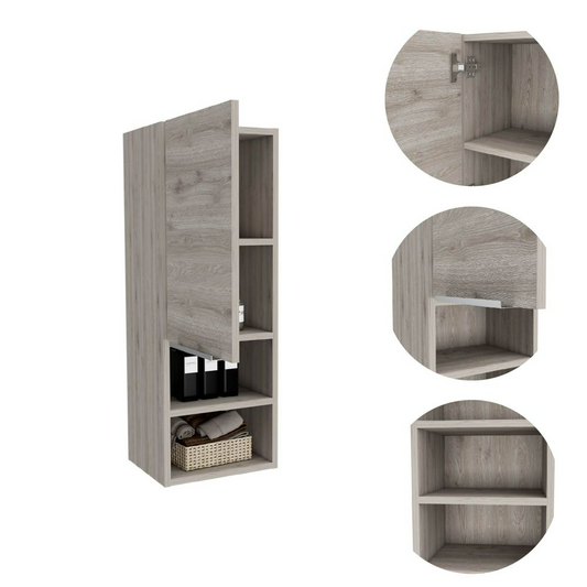Grey wood veneer slim storage cabinet with open and closed compartments