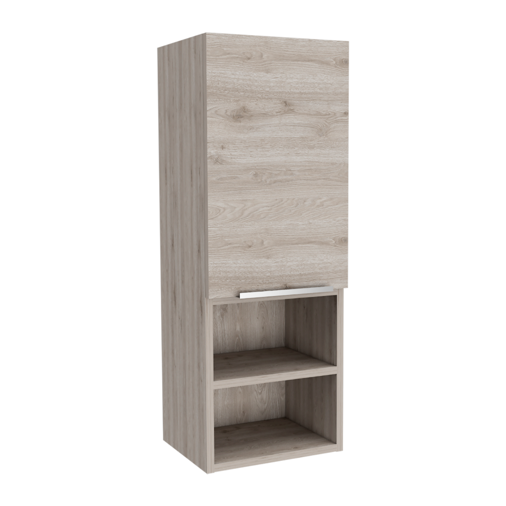 Tall oak effect storage cabinet with one door and two open shelves