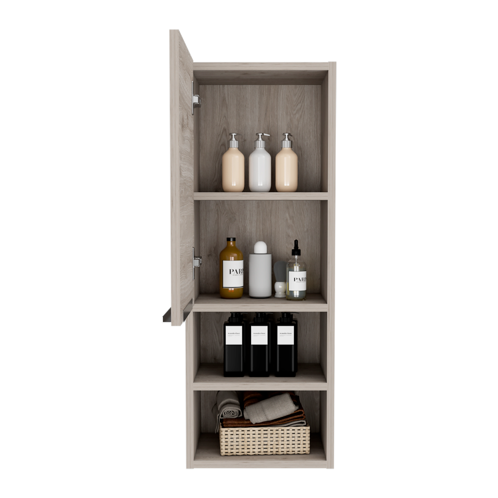 Tall gray wood medicine cabinet with open door and various bottles and towels