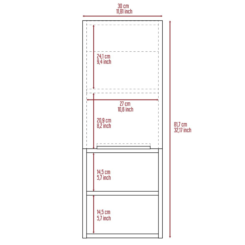 Line drawing of tall narrow shelving unit with dimensions marked