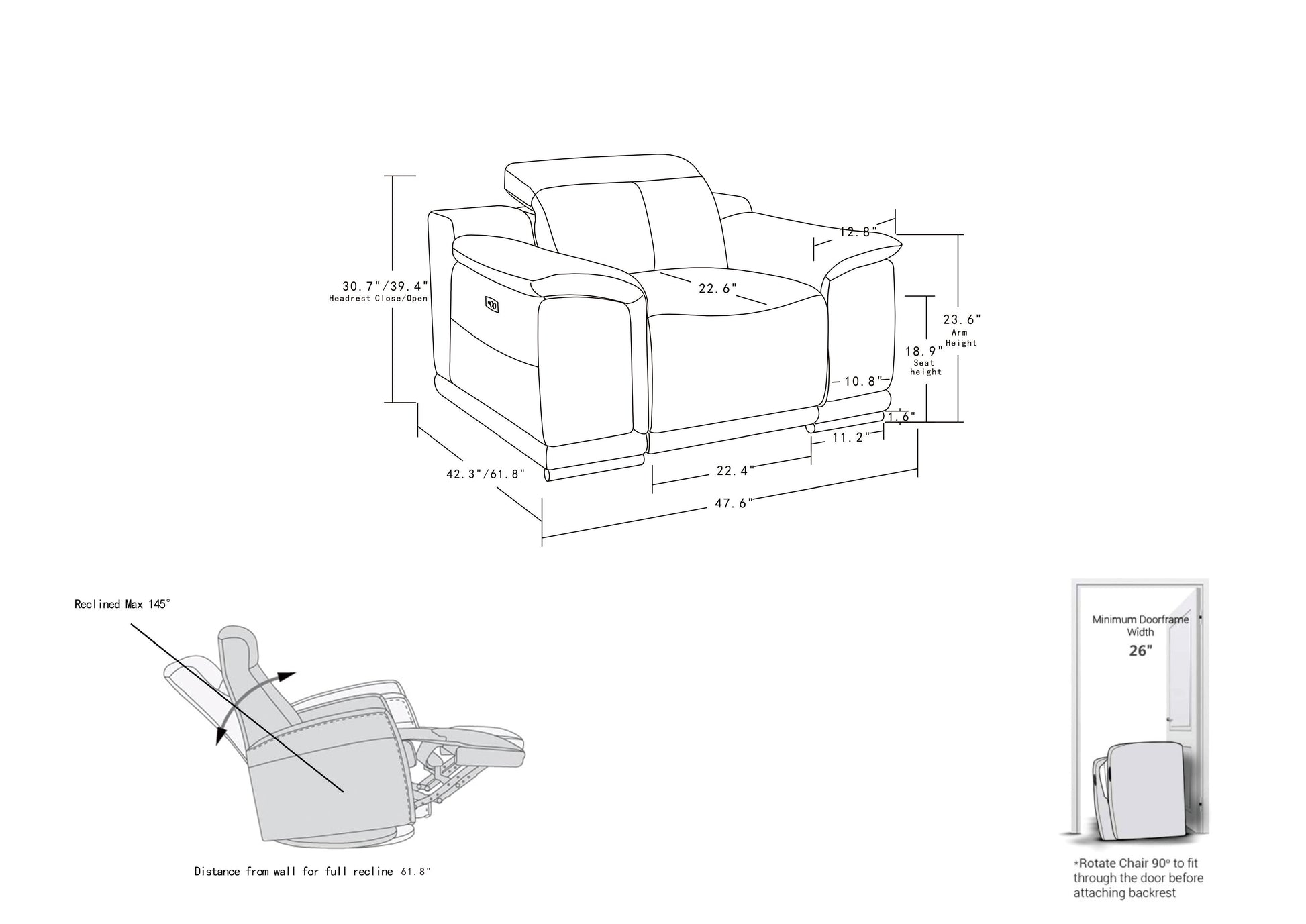 Line drawing of a modern accent chair with dimensions for seat height and arm height