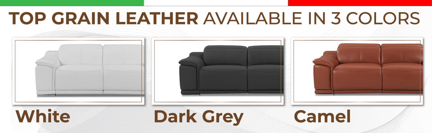 White top grain leather sofa with plush cushions and modern chrome legs