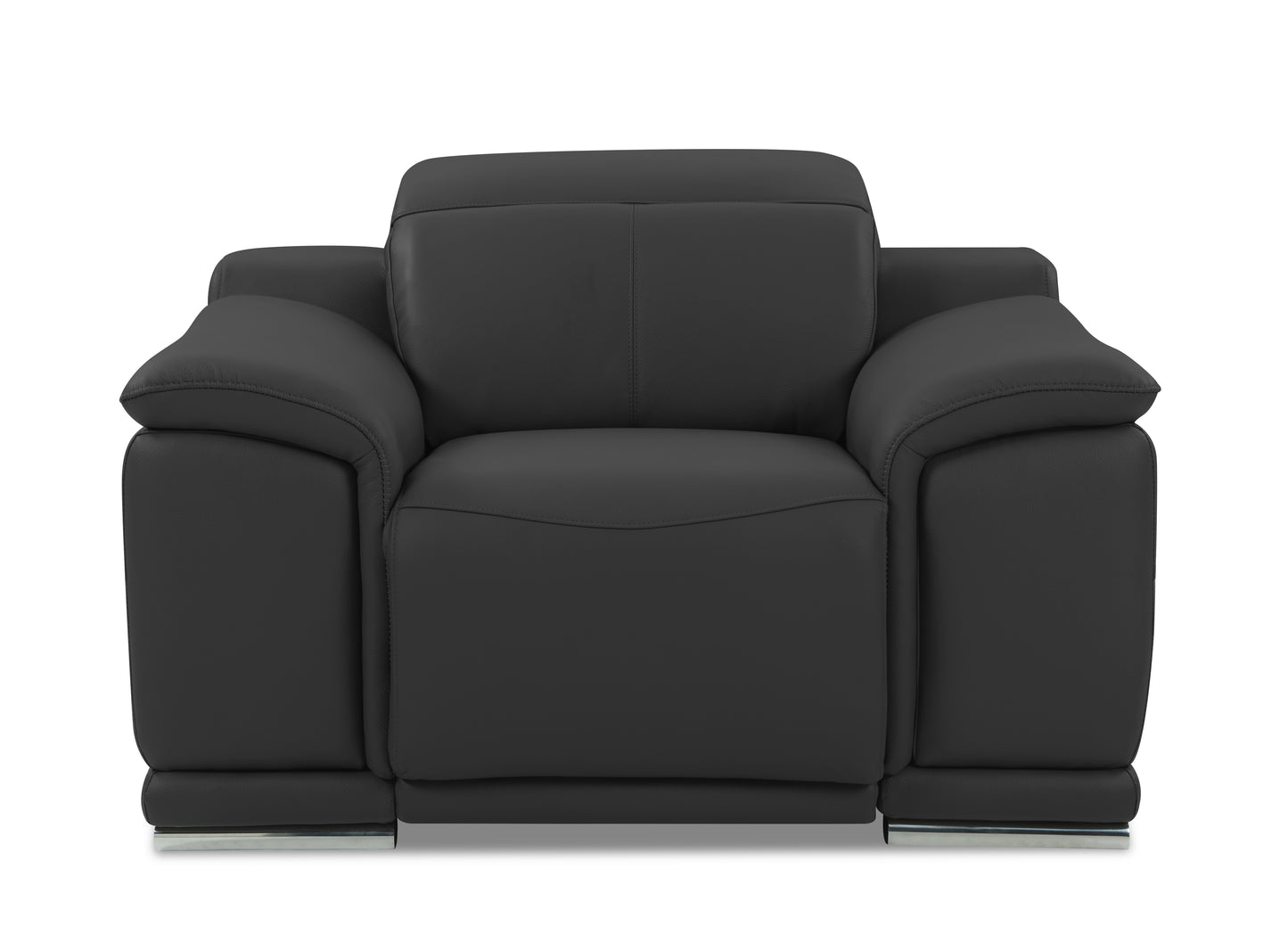 Black leather recliner armchair with chrome feet