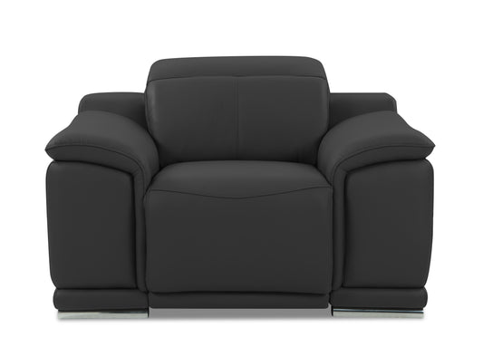 Black leather recliner armchair with chrome feet