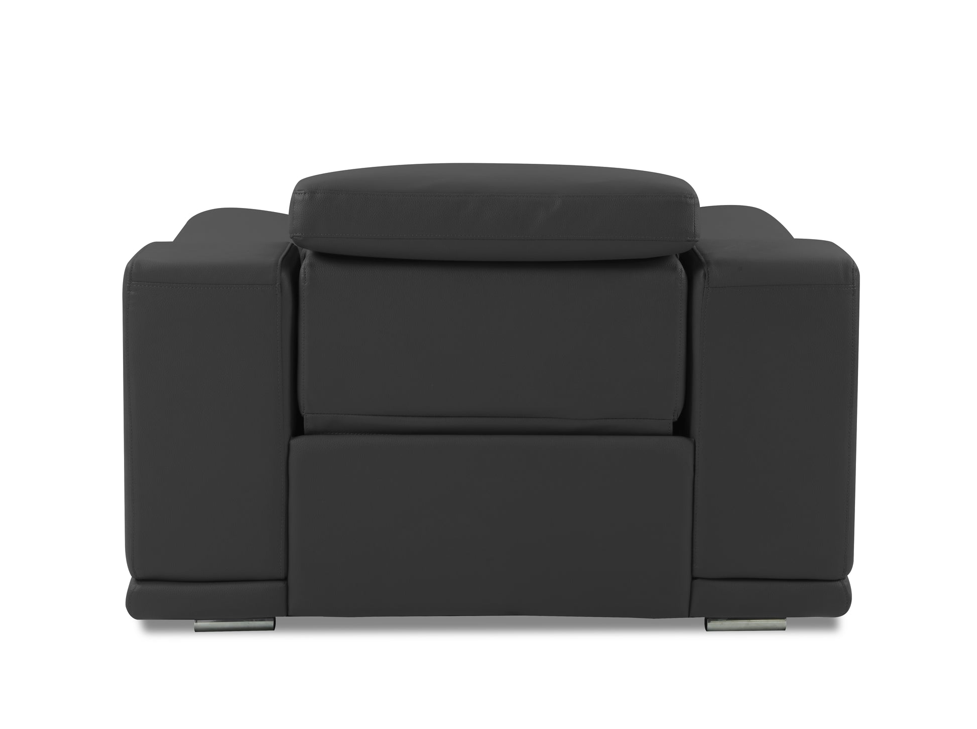 Modern charcoal gray leather armchair with padded headrest and sleek metal legs