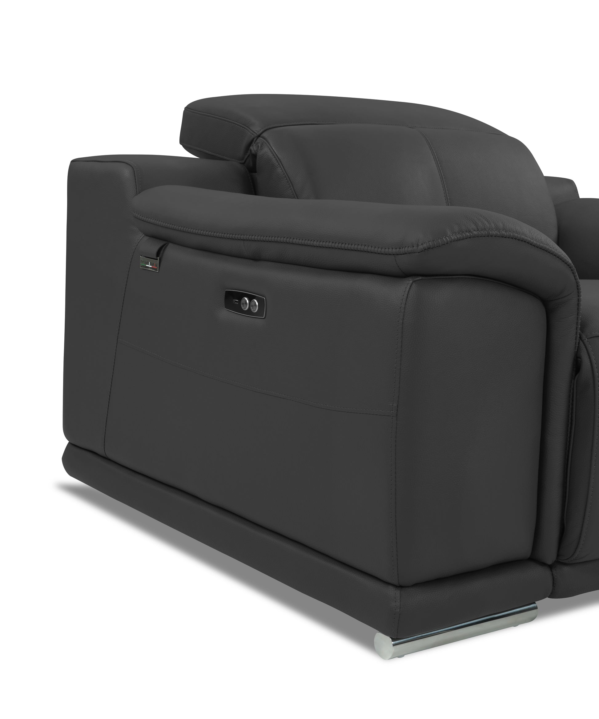 Dark grey leather reclining sofa with chrome feet and power controls