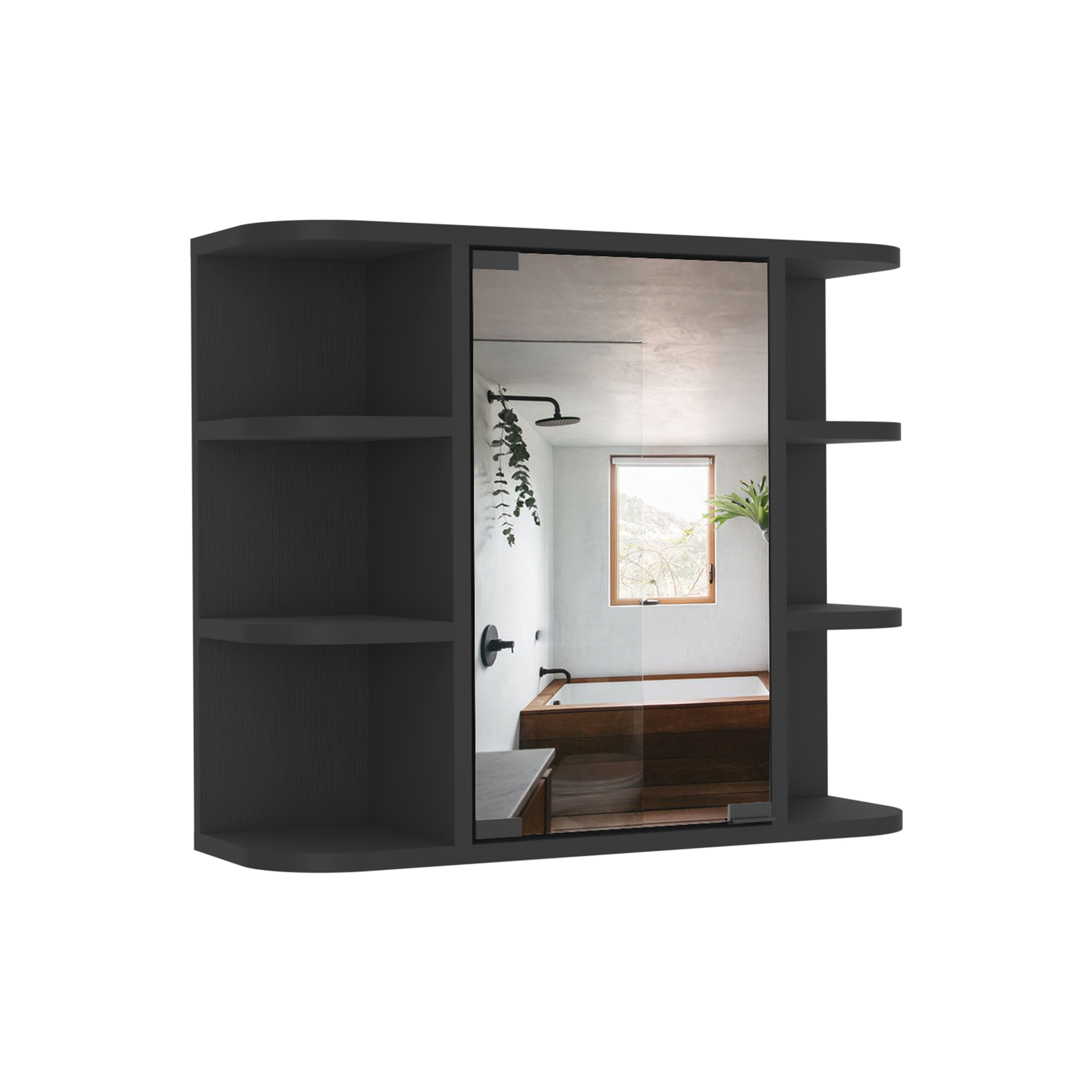 Black modern bathroom cabinet with open shelves and mirrored door