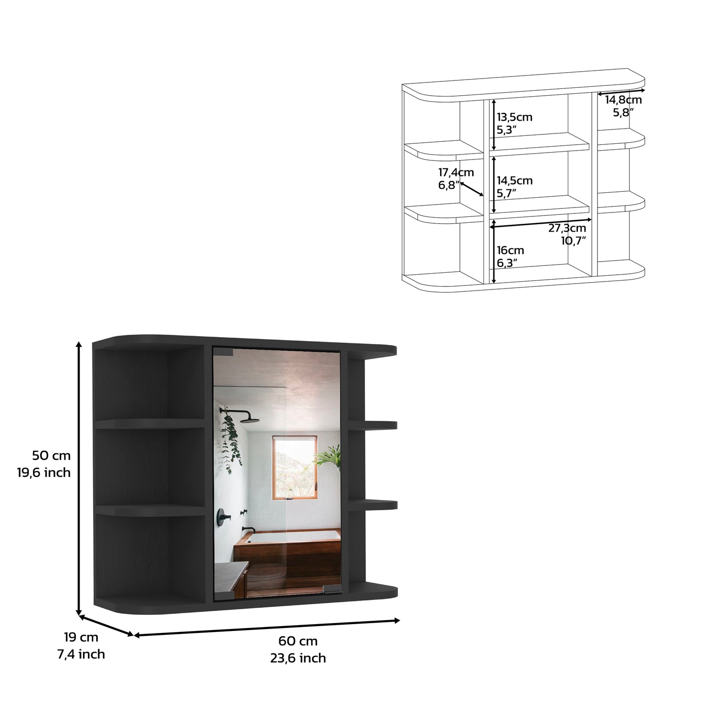 Black mirrored cabinet with open shelves cm wide perfect for bathroom storage