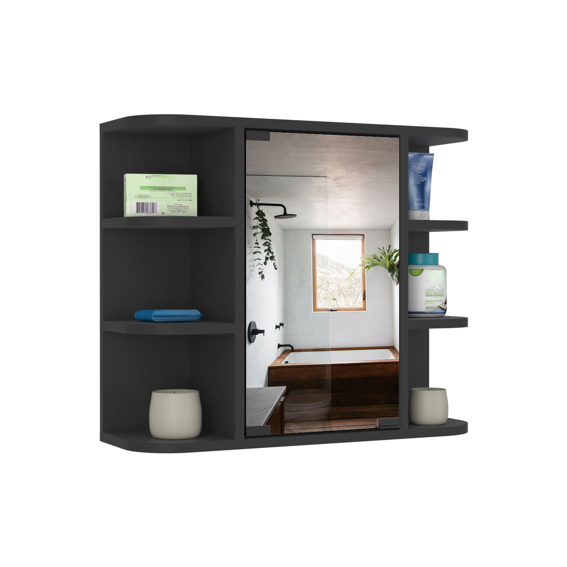 Dark gray medicine cabinet with mirror and shelves holding bath products