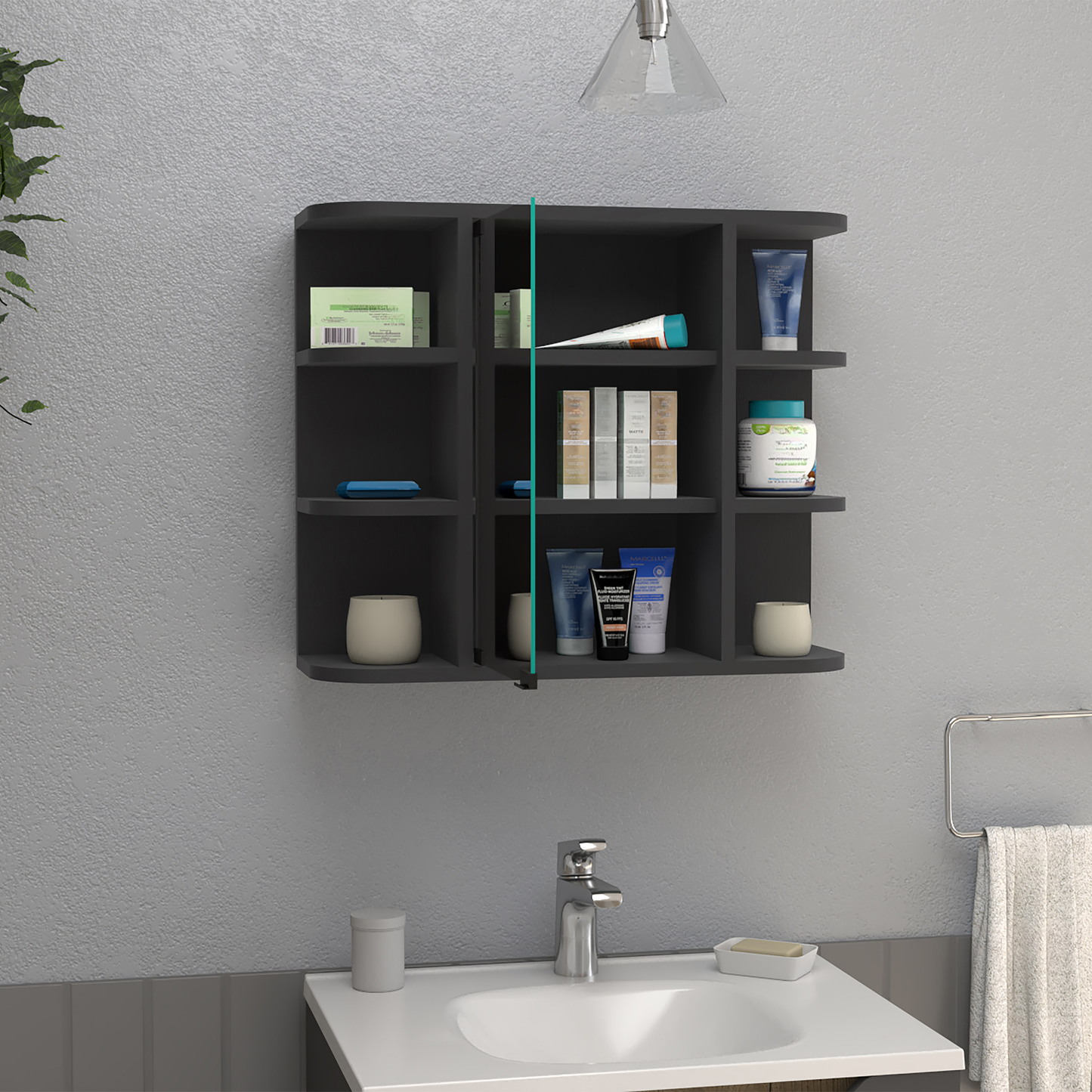 Dark grey bathroom cabinet with various skincare products and toiletries