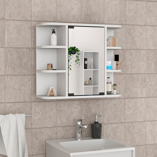 White medicine cabinet with mirror shelves holding toiletries on tiled wall