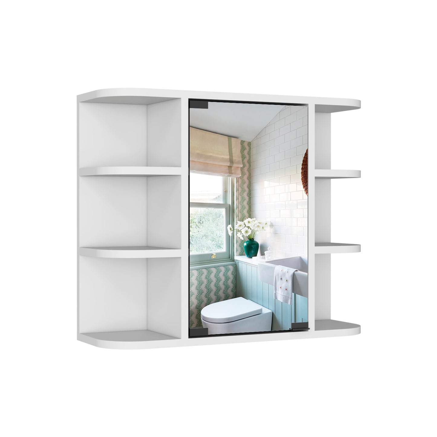 White modern medicine cabinet with open shelves and mirrored door