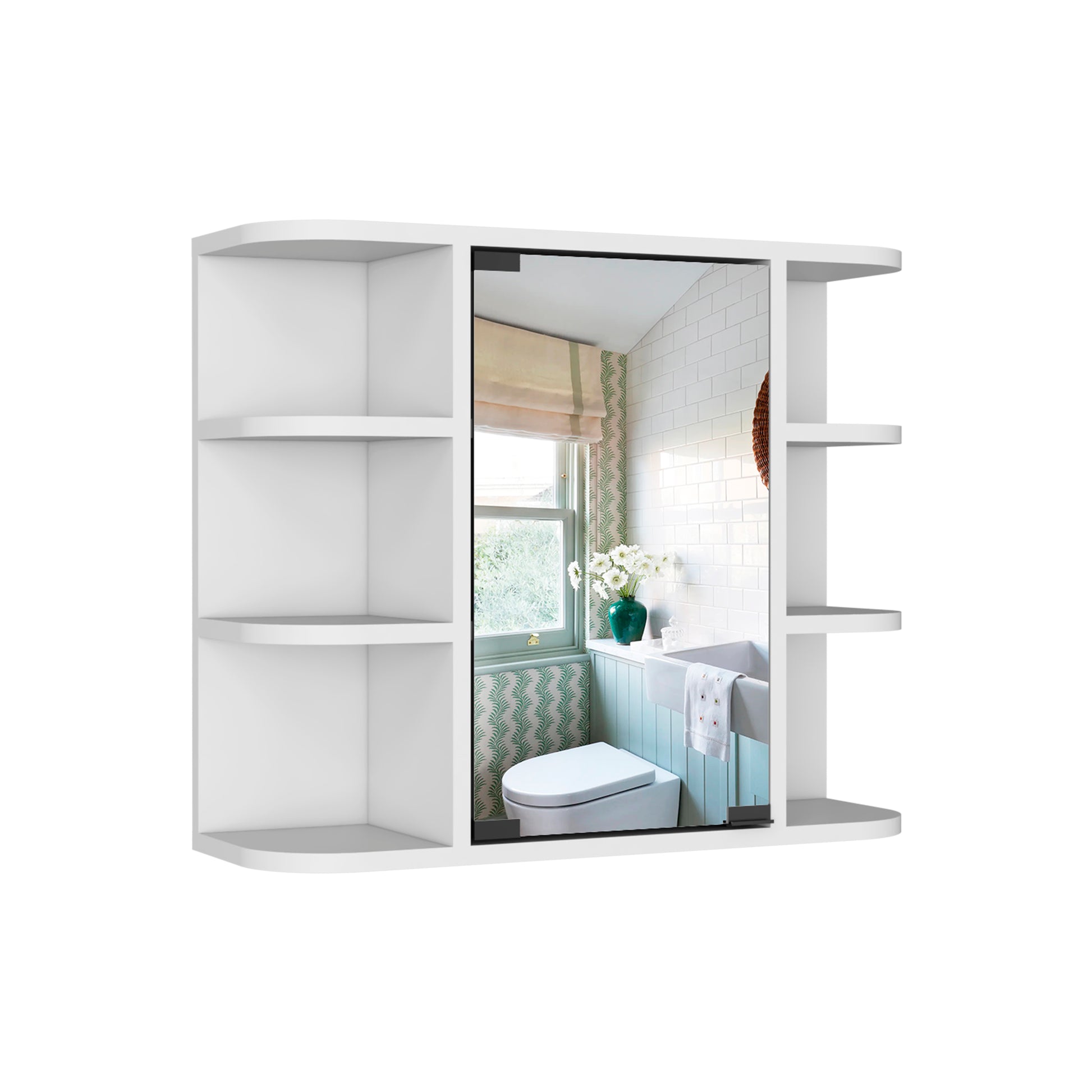 White modern medicine cabinet with open shelves and mirrored door