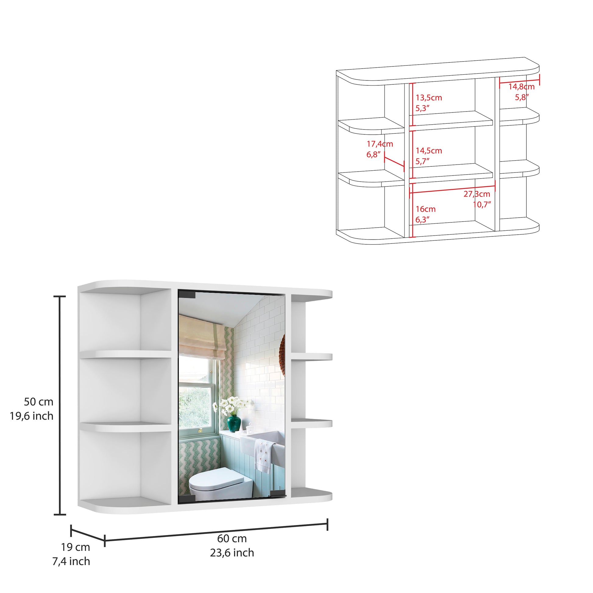 White wallmounted shelf unit with integrated mirror cm wide