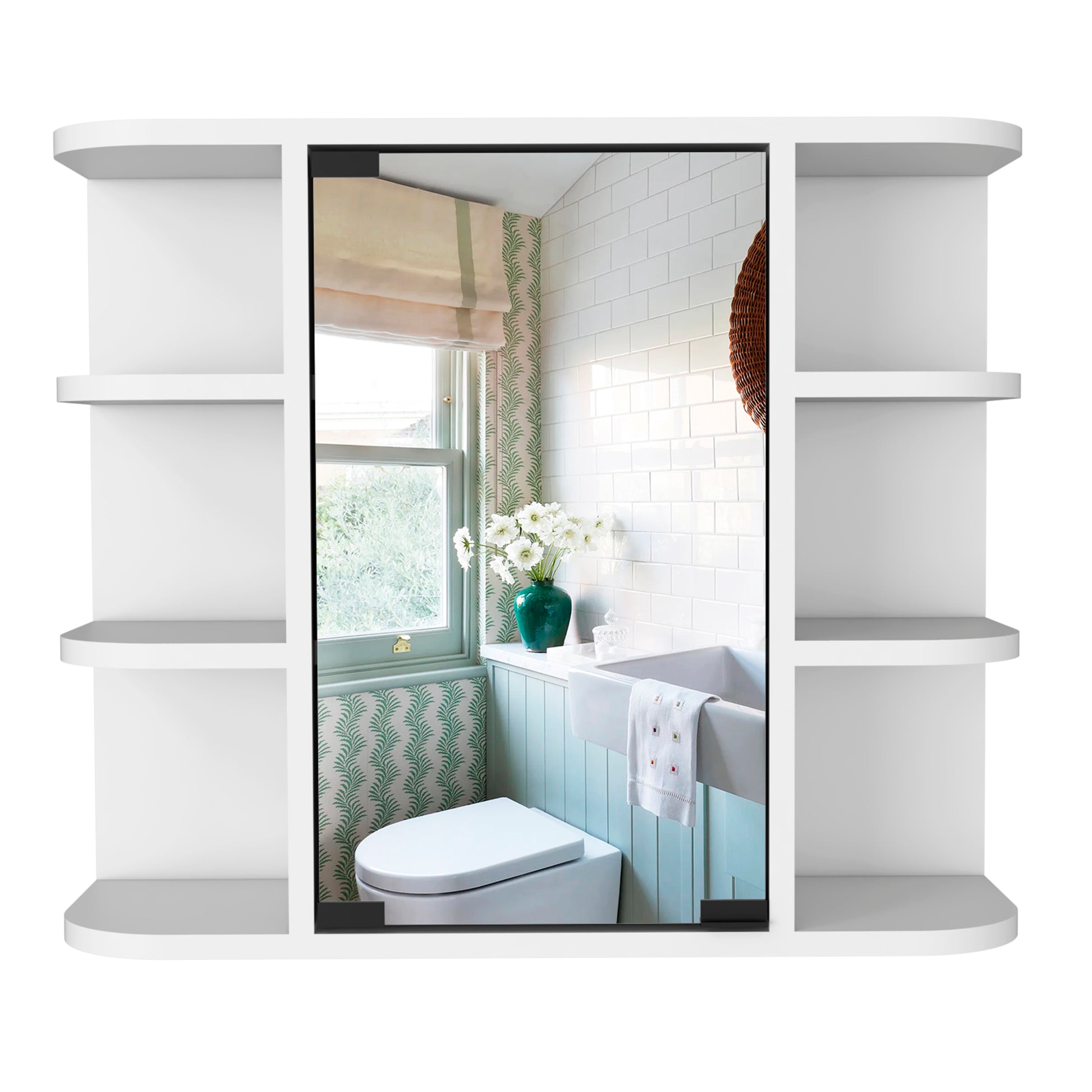 Modern white toilet with sleek design in a bathroom with botanical wallpaper and subway tiles